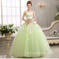 El último diseño de la novia magnífica luz verde Appliqued Strapless palabra de longitud Tulle Puffy Ball Gown luz verde vestido de novia